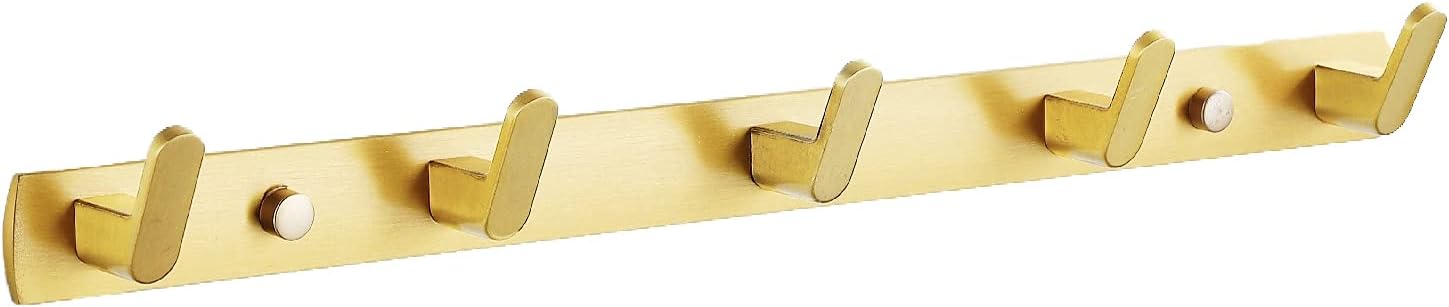 Coat Rack Wall Mounted / Adhesive, TeenGo Heavy Duty Metal 5 Hooks for Coat Towel Hats for Entryway, Kitchen, Bedroom(Gold)