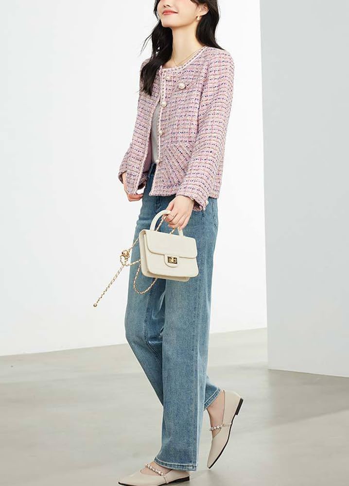 Giacca da Donna in Tweed Doppiopetto Giacca Casual in Tweed abbottonata Casual Giacca Elegante con Corsetto da Ufficio Senza Risvolto