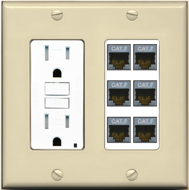 RiteAV 6 Port Cat7 Shielded Ethernet Wall Plate - GFCI Outlet [White]