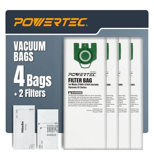 Image of POWERTEC Type U 3D Airclean Vacuum Bags for Miele, 4 Pack Bags & 2 Filters, Replacement Filter Bags for Miele S7000-S7999 Upright and Dynamic U1 Series Vacuums (75144)