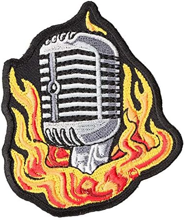 PatchStop Microphone Flames Red Yellow Iron On Patches for Clothing Jeans - 2.75x3in Small DIY Sew On Patch for Jackets Bags - Embroidered Decorative Music Patches