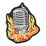 PatchStop Microphone Flames Red Yellow Iron On Patches for Clothing Jeans - 2.75x3in Small DIY Sew O
