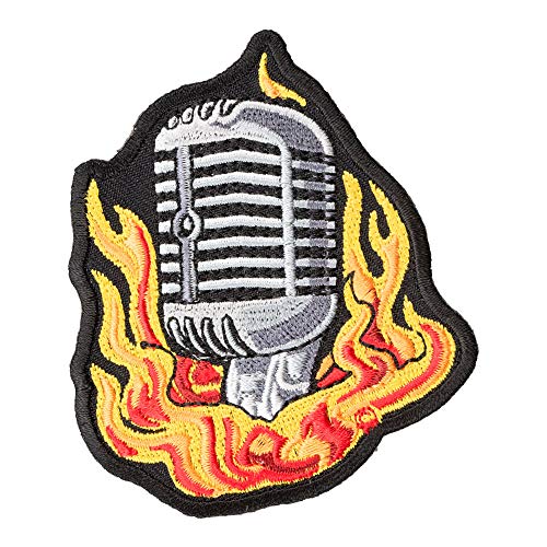 Patchstop Microphone Flames Red Yellow Iron On Patches For Clothing Jeans - 2.75X3In Small Diy Sew On Patch For Jackets Bags - Embroidered Decorative Music Patches #TOP4