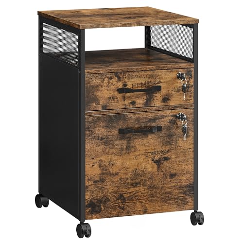 Image of VASAGLE 2 Drawer File Cabinet with Lock, Rolling Printer Stand | Under Desk Filing Cabinet, 17.3 x 16.5 x 27.2 in, Rustic Brown and Ink Black, Dacey Collection, UOFC077B01