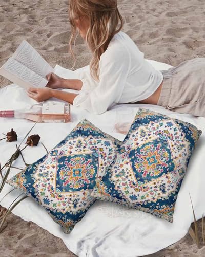 Navy Blue Boho Outdoor Pillow Cover 12x20 Inch Cushion Sham Case,Waterproof Decorative Lumbar Throw Pillowcase for Outside Garden Patio Couch Chair Tent Orange Ethnic Tribal Bohemian Mandala Floral