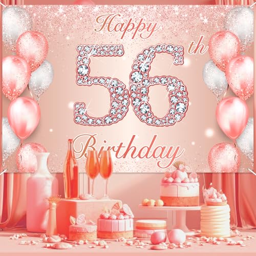 Image of Happy 56th Birthday Rose Gold Banner Cheers to 56 Years Old Backdrop Confetti Balloons Theme Decor for Women 56 Years Old Pink Birthday Party Decorations Bday Supplies Background Favors Gift Glitter