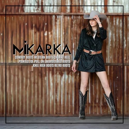Image of mikarka Cowboy Boots for Women Black Cowgirl Boots Western Knee High Black Boots for Women Pull On Tall Long Cowboy Boots Size 7