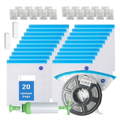 TIOPY 20 Pezzi Filamento per stampante 3D kit di sacchetti per il vuoto, 30x34 cm Riutilizzabile Sacchetti sigillati sottovuoto, 20 essiccatori, 1 pompa manuale, 2 Clip per cerniere, per PLA ABS