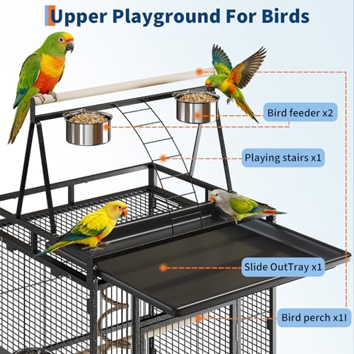 67-Inch Playtop Wrought Iron Large Parrot Bird Cages with Rolling Stand for Cockatiels Parrot Quaker Conure Parakeet Lovebird Canary Small Medium Parrot Cage Birdcage, Black - Image 5