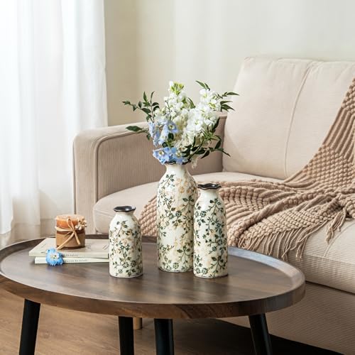Image of Ceramic Flower Vases Set of 3 | Green Rustic Farmhouse Vase Set for Home Decor, Vintage Floral Decorative Vase for Living Room & Kitchen, Mantel & Bookshelf, Centerpieces, Entryway(5.9+7.9+9.9Inch)
