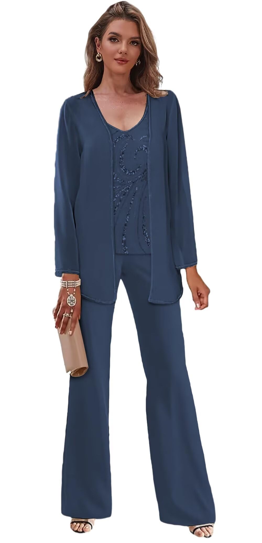3 Pieces Beaded Mother of The Pant Suits for Wedding with Jacket Chiffon Pantsuits for Women Dressy