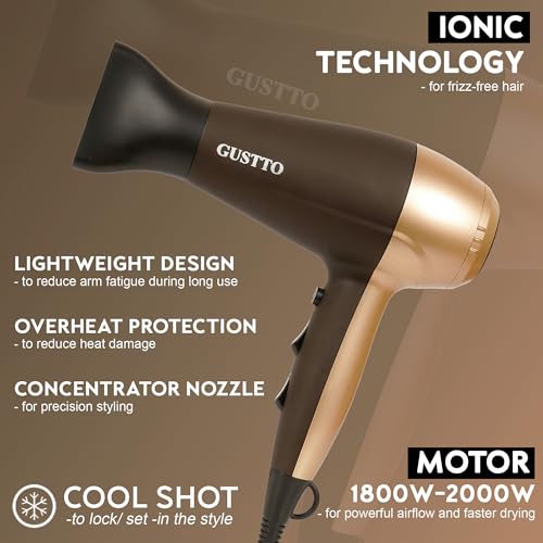 Image of Hair Dryer for Women | Fast Drying, Low Heat Damage, Smooth & Frizz-Free Hair | 1800-2000W Professional Blow Dryer with Cool Shot | Gustto Elevate (Gold & Matte Black), BIS Certified