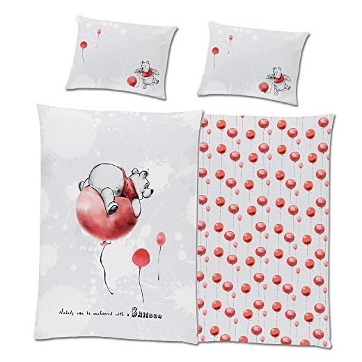 Disney baby-småbarn-sängkläder Nalle Puh vändmotiv ballong röd 100 x 135 + 40 x 60 cm 100 % bomull Linon Renforcé I-Aah Ferkel Pu Kanga tiger kanin ruh tysk storlek dragkedja