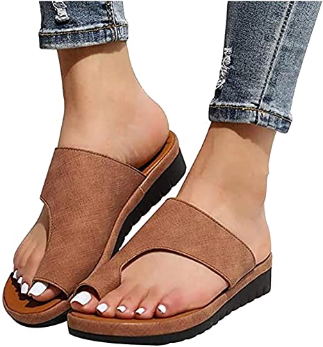 Sandals for Women Casual Summer Orthopedic Correction Leather Ring Toe Slippers Sandals Flat Heel Beach Women's Flip Flops,Brown,EU41/US9