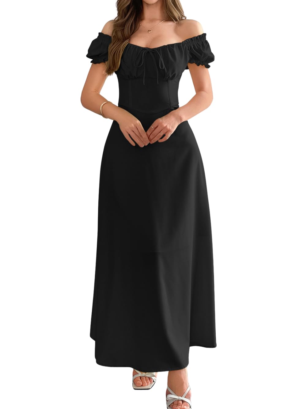 Photo 1 of ChiaoLezhee Off Shoulder Maxi Dress, Flowy A Line, Spring Tea Party, Wedding Guest Square Neck Drop Waist Renaissance Vintage Pastel Picnic Milkmaid Cute Garden Corset Dresses for Women, Black Large