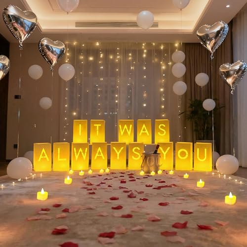Image of Valentines Day Decorations - It was Always You Light Up Letters Luminary Bags, Romantic Decorations Special Night with Bright LED Candles and Fake Rose Petals, Engagement Party & Proposal Decor kit
