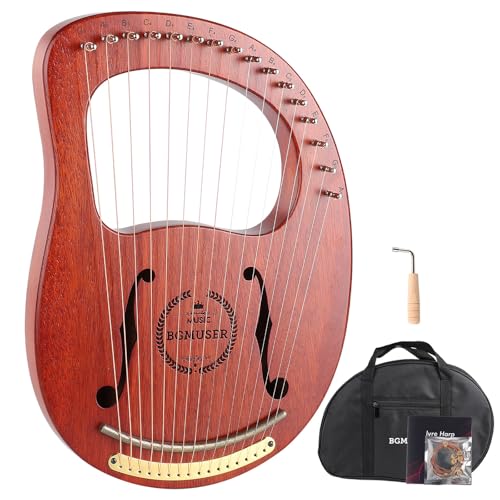 BGMUSER Lyre Harp 16 Metal Strings,Mahogany Body and Copper Saddle,Professional Mini Harp Instrument Gift with Bag,Tuning Wrench,Spare Strings