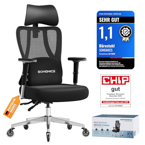 SONGMICS Bürostuhl ergonomisch, Schreibtischstuhl, Gaming-Stuhl, verstellbare Lenden-, Kopfstütze, Armlehnen, für Verschiedene Körpergröße, bis zu 150 kg belastbar, tintenschwarz OBN067BH01