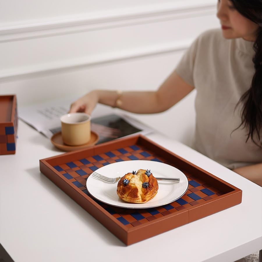 Bandejas Servir Comida Bandeja de Tablero ajedrez Tejida a Mano, Bandeja Almacenamiento Cuero for Sala Estar, aromaterapia for cosméticos Dormitorio Mesa Cama