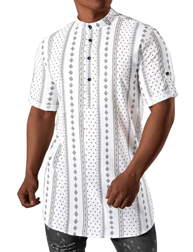 JOGAL Mens Striped Henley Shirt Short Sleeve Traditional African Style Dashiki Shirts White Black Medium