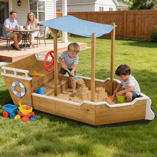 Ketive Wooden Sandbox for Kids Outdoor Ship-Shape Sandboat with Oxford Canopy Cover, Bench Seats with Hidden Storage, Plastic Steering Wheel, Metal Reinforced, Backyard Lawn Garden(63"Lx27.8"Wx40.9"H)