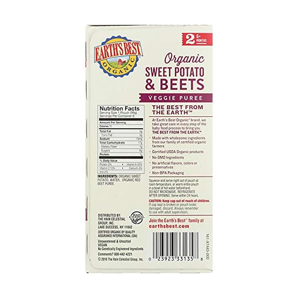 Earths-Best-Organic-Stage-2-Baby-Food-Sweet-Potato-Beets-35-Oz-Pouch-Pack-of-12 Earth's Best Organic Baby Food Pouches, Stage 2 Vegetable Puree for Babies 6 Months and Older, Organic Sweet Potato and Beets Puree, 3.5 oz Resealable Pouch (Pack of 12)
