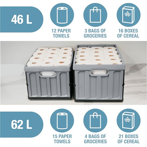 CleverMade Collapsible Storage Bins with Lids (46L, 3 Pack) – Stackable Foldable Plastic Storage Crates for Home, Closet & Trunk Organization - Stone by CleverMade - Image 8