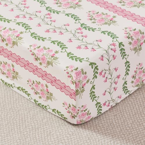 Image of Brandream Organic Crib Fitted Sheets for Baby Girls, Floral Stripes and Vines Grandmillennial Fitted Crib Sheet for Standard Crib /Toddler Mattress Super Soft 100% Cotton Cottagecore Pink Baby Sheet