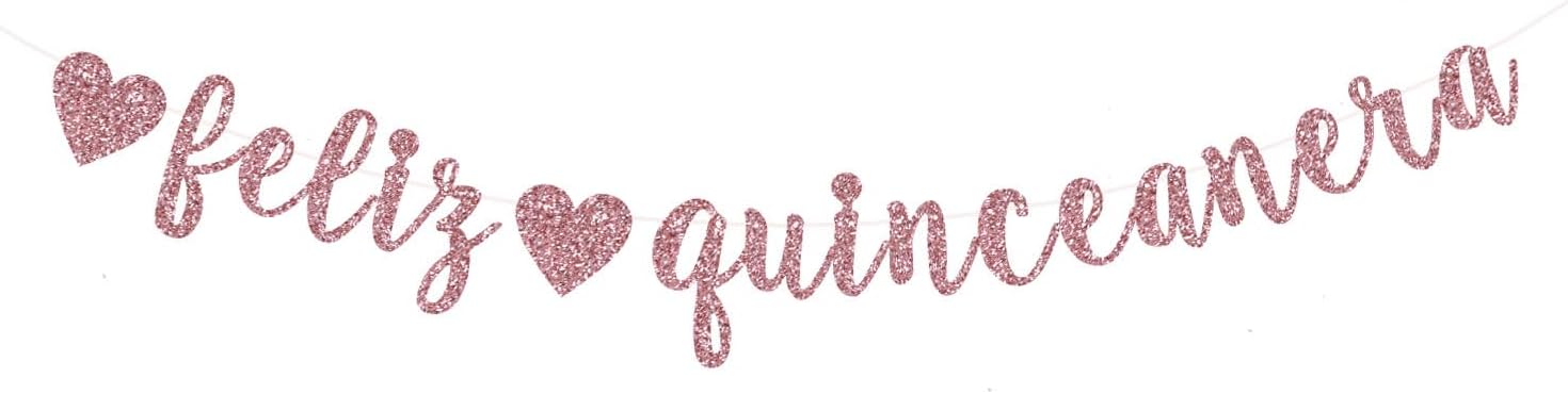 ENILSA Feliz Quinceanera Banner, Rose Gold Glitter Happy Quinceanera/Princesa De Quince/Mis Quince 15, Spanish 15th Birthday PartyParty Decoration Supplies. (Pre-Strung)