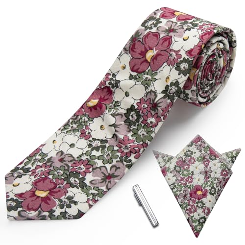Image of YourTies Cotton Floral Tie for Men 2.5 inch Printed Skinny Necktie Pocket Square Tie Clip Set Flower Wedding Party Groom