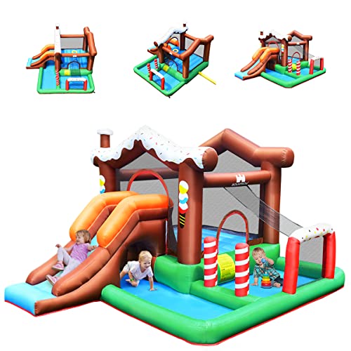 COSTWAY Château Gonflable pour Enfants avec Toboggan Cercle de Basket-Ball Mur d'escalade Filet de Sécurité Sac Design Mignon sans Souffleur…
