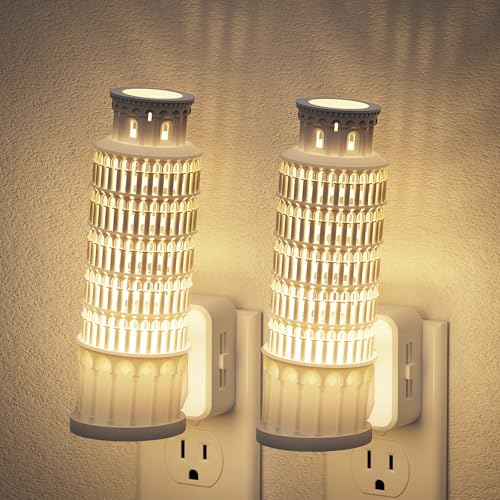 Image of JandCase Night Lights Plug into Wall, 3000K Plug in Night Light 2 Pack | 3D Printed Leaning Tower of Pisa NIghtlight with Dusk to Dawn Sensor, 0-100LM Adjustable Brightness for Room Bathroom Hallway