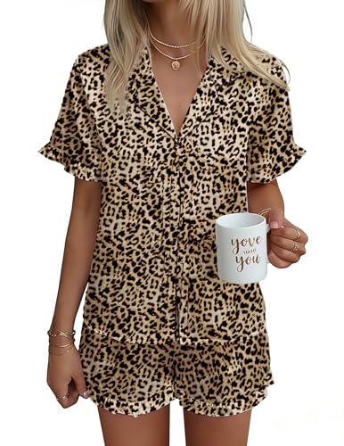 Ekouaer Damen Satin Schlafanzug Schleife Vorne zum Binden Leopard S