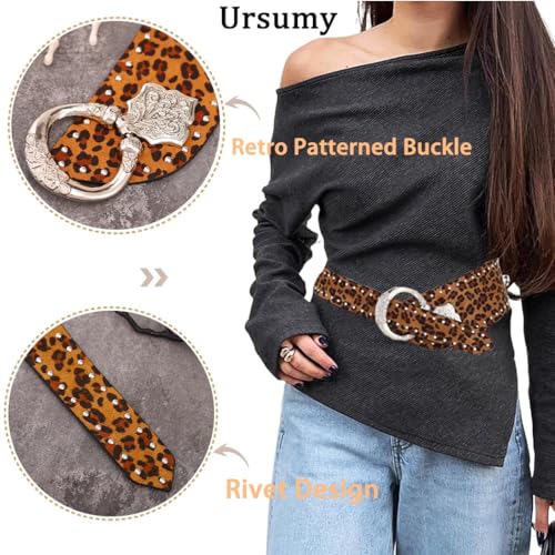 Ursumy Women Wide Elastic Belt Vintage Chunky Waist Belts for Jeans Dresses Rivet-Studded Thick Leopard Leather Belt4