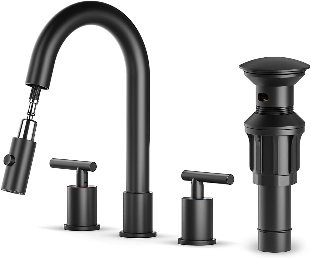 Matte Black Pull Down Bathroom Faucet with Pop-up Drain, 8 inch Widespread Bathroom Faucet 3 Hole with Pull Down Sprayer 2 Modes. 8'' Matte Black Bathroom Faucet with Supply Lines