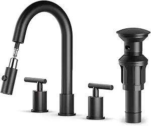 Matte Black Pull Down Bathroom Faucet with Pop-up Drain, 8 inch Widespread Bathroom Faucet 3 Hole with Pull Down Sprayer 2 Modes. 8'' Matte Black Bathroom Faucet with Supply Lines