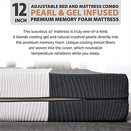 Ananda 12\" Pearl and Cool Gel Infused Memory Foam Mattress with Premium Adjustable Bed Frame Combo, Head Tilt, Massage, USB, Zero Gravity,Anti-Snore … (Queen)