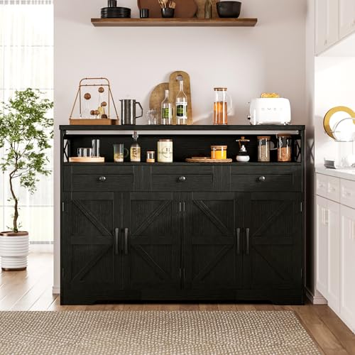 Image of 51 inch Black Buffet Sideboard Cabinet with Storage, Farmhouse Kitchen Storage | Pantry Cabinet with Drawers, Wood Cupboard Hutch, Coffee Bar Station Table for Kitchen, Living Room, Dining Room