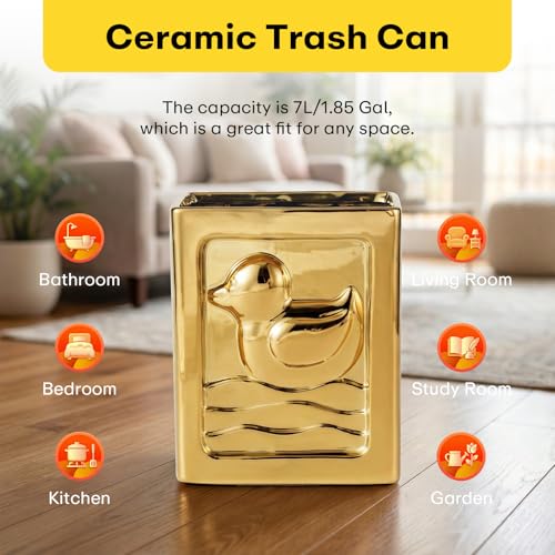 Image of Gold Trash Can - 7L /1.85Gallon Ceramic Waste Basket, Decorative Duck Small Garbage Can for Kitchen, Bathroom, Bedroom, Office, Multi-Purpose Storage Bin