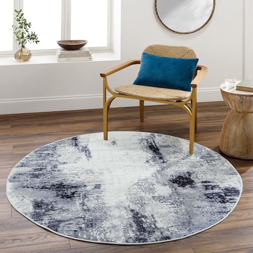 Livabliss Helsinki Wohnzimmer modern – Abstrakt Design in Marmor Optik für Wohnzimmer 160 cm Rund, Esszimmer, Schlafzimmer - Marmor e groß, weicher Kurzflor in Blau, Weiß und Grau
