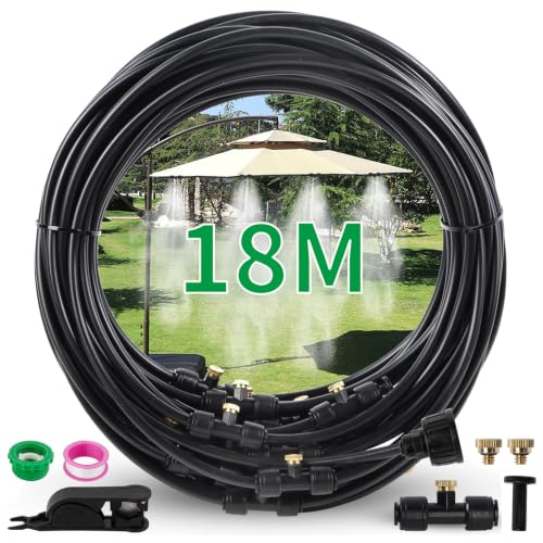Wzzy Gurden Brumisateur Terrasse Exterieur, Kit d’Irrigation Système de Brumisateur Extérieur 18M avec à eau 20 Buses de Brume avec Joint en T