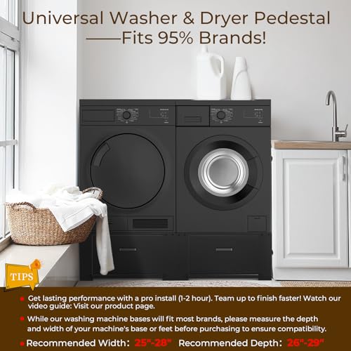 Image of SKM Washer and Dryer Pedestal with Drawer, Laundry Pedestal for Washer and Dryer Stand, Heavy Duty Steel Washing Machine Stand Height Raiser (2, black, 28 inch W x 29 inch D x 14 inch H)