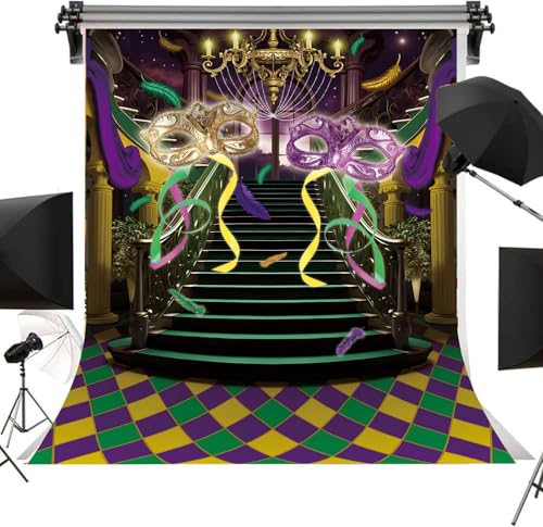Mardi Gras Backdrop 8x10FT Carnival Mask Masquerade Photography Background Purple Golden Castle Dress-Up Dance Party Decorations Photo Props