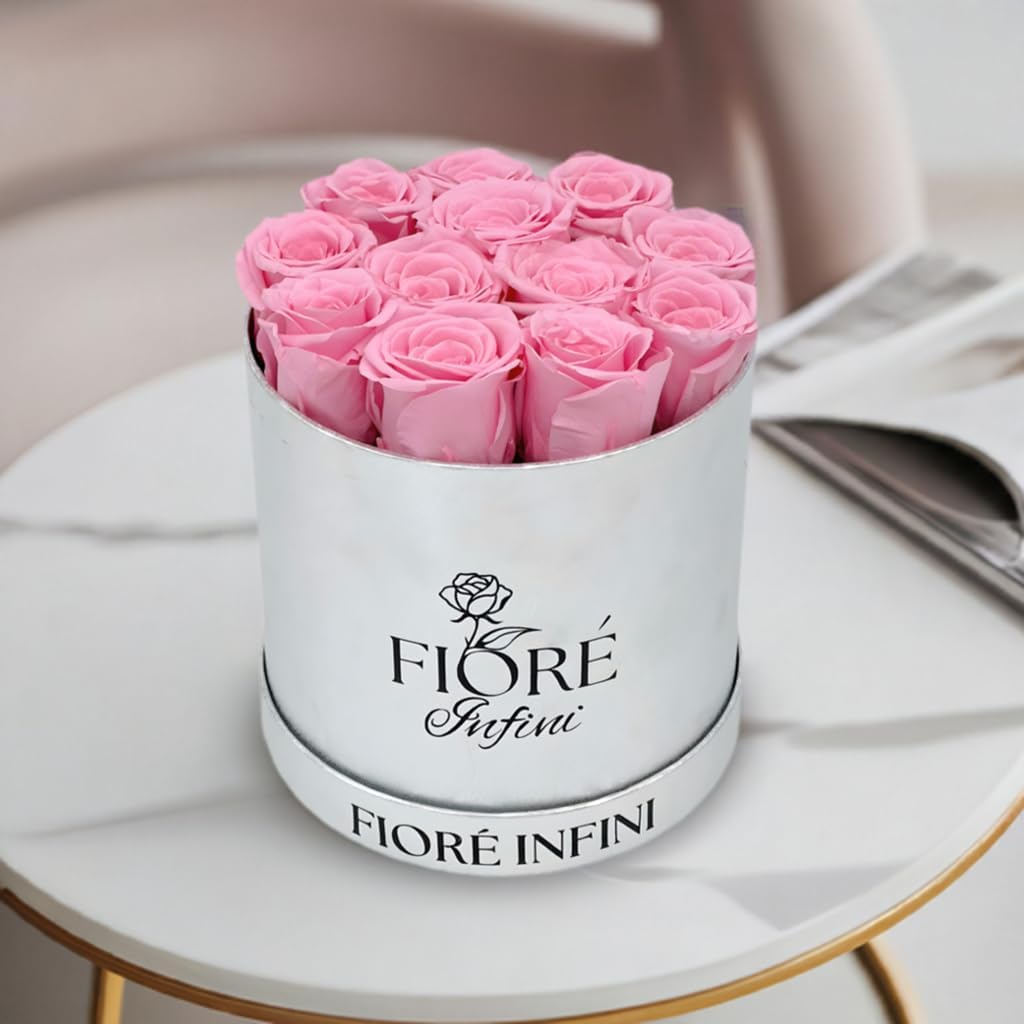 Fiore Infini Pink Forever Roses - 12-14 Preserved Roses In A Silver Round Box, Lasts 1-3 Years, No Water Needed, Perfect for Romantic Gifts, Mother's Day Gift Idea, Birthday Gifts, Gift For Her