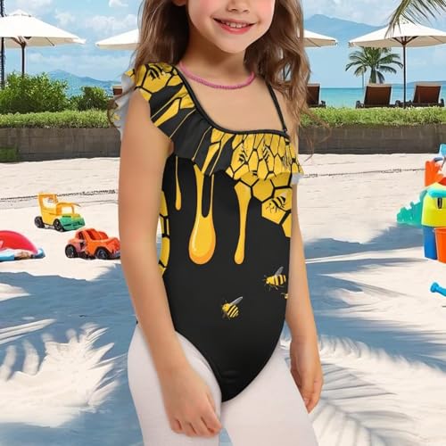 Image of Ladybug Swimsuits for Girls 5-14 One Piece Bathing Suit Kids One Ruffle Shoulder Beach Sport Swimwear