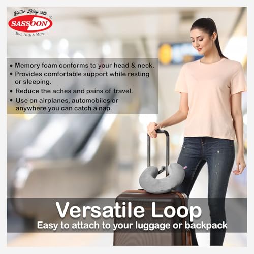 Image of Sassoon Memory Foam Travel Neck Pillow (Grey, Pack of 1) - Ergonomic Support, Soft Breathable Washable Cover, Lightweight with Carry Loop for Travel & Home