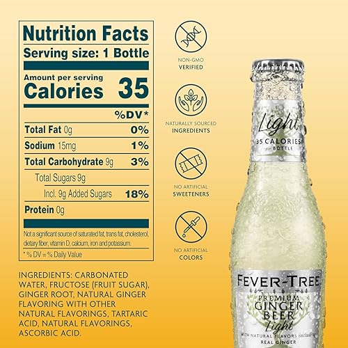 Image of Fever-Tree Light Ginger Beer - Premium Low Calorie Mixer for Cocktails and Mocktails, 6.8 fl oz Bottles, Pack of 24 - Naturally Sourced, Non-GMO