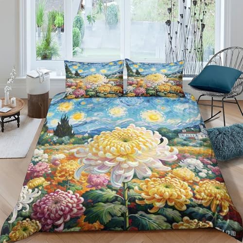 Housse de couette chrysanthème imprimée 3D microfibre douce lit double - 2