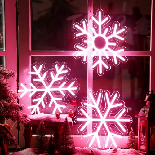 Image of Treela 3 Pcs Pink Snowflakes Lights Christmas Light up Window Lights