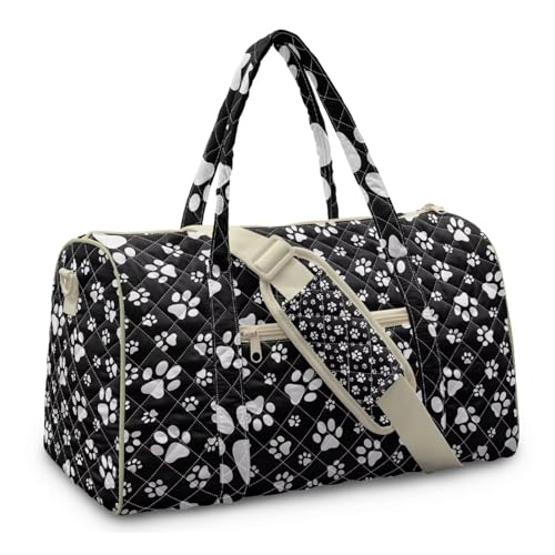 Sellikakes Black White Dog Paw Quilted Travel Duffle Bag, Large